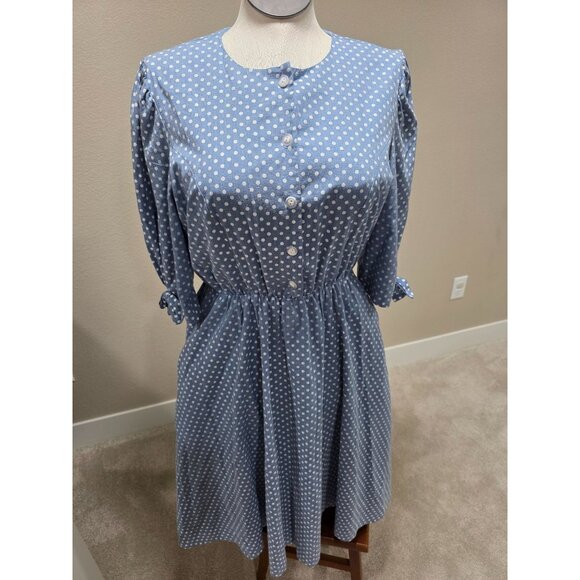 Vintage Blue Polka Dot Dress With Puff Sleeves Bow Accents & Button Front Size 1 - Picture 1 of 9